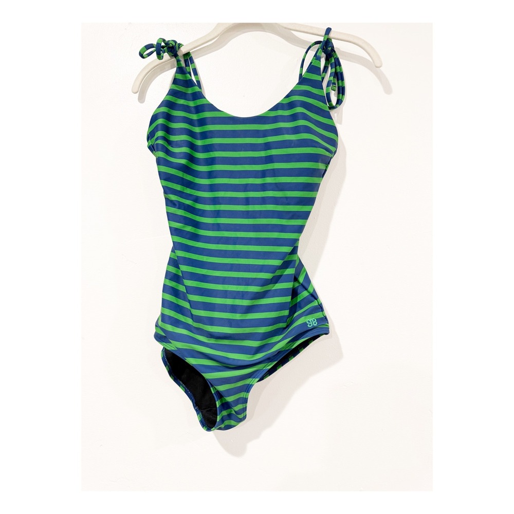 Albion Fit Women Small Striped One Piece Swimsuit Green Navy Blue Tie Shoulder